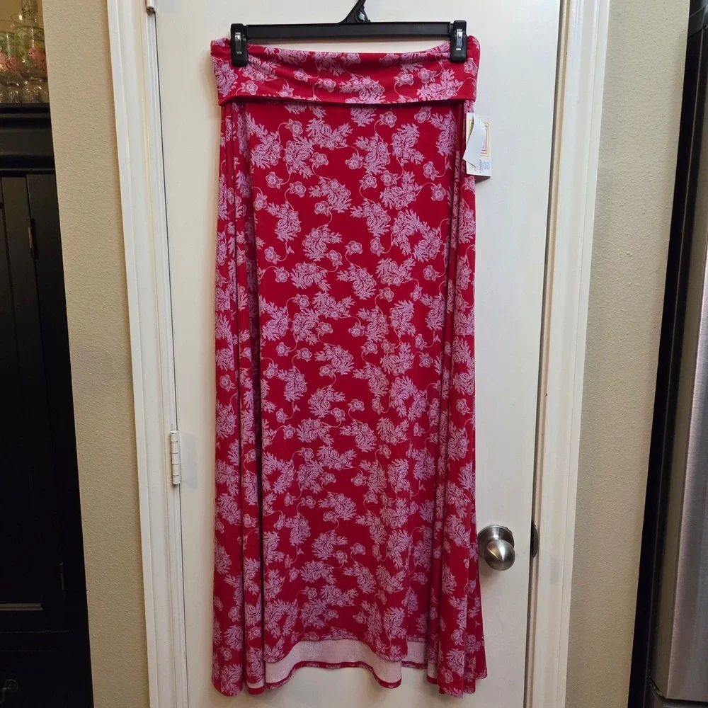 LuLaRoe Maxi Skirt Medium Red Pink Floral Foldover Waist Long Flowy NWT